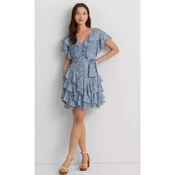 Lauren Ralph Lauren Ruffled Chiffon Fit & Flare Dress Size 12